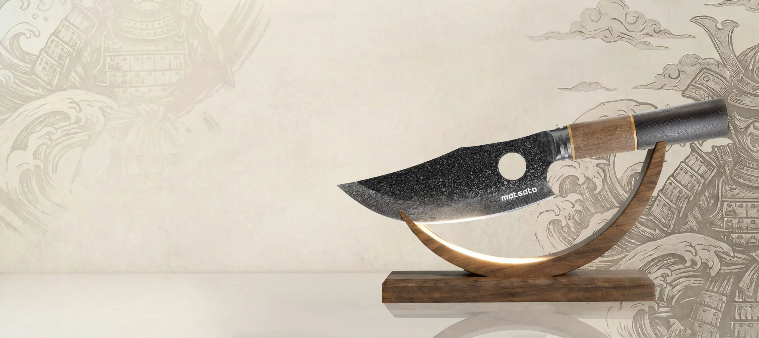 Matsato Osuren Chef Knife displaying all key benefits - ice-hardened blade, finger hole, pakka wood handle